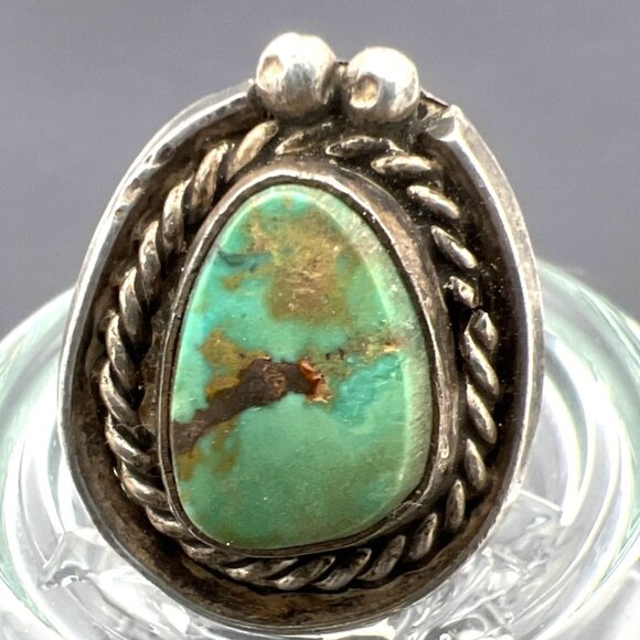 Vintage Sterling Silver Turquoise Ring Sz 7.5 Rope Bead Southwest Statement Boho - Picture 1 of 8